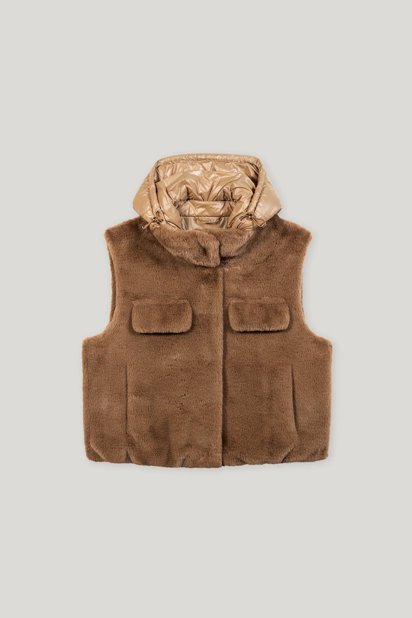 Luisa Cerano Fake Fur Hooded Gilet  Tan/Chestnut
