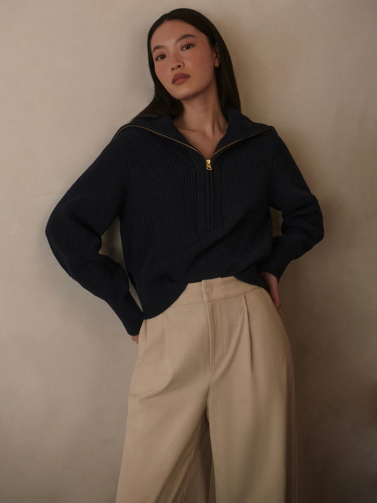 Maura Half-Zip Rib Knit. Navy