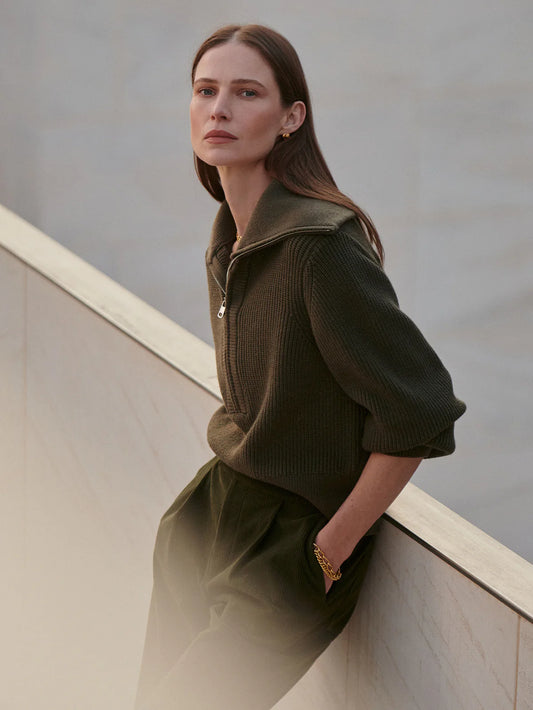 Varley Maura Half Zip Rib Knit in Olive Night