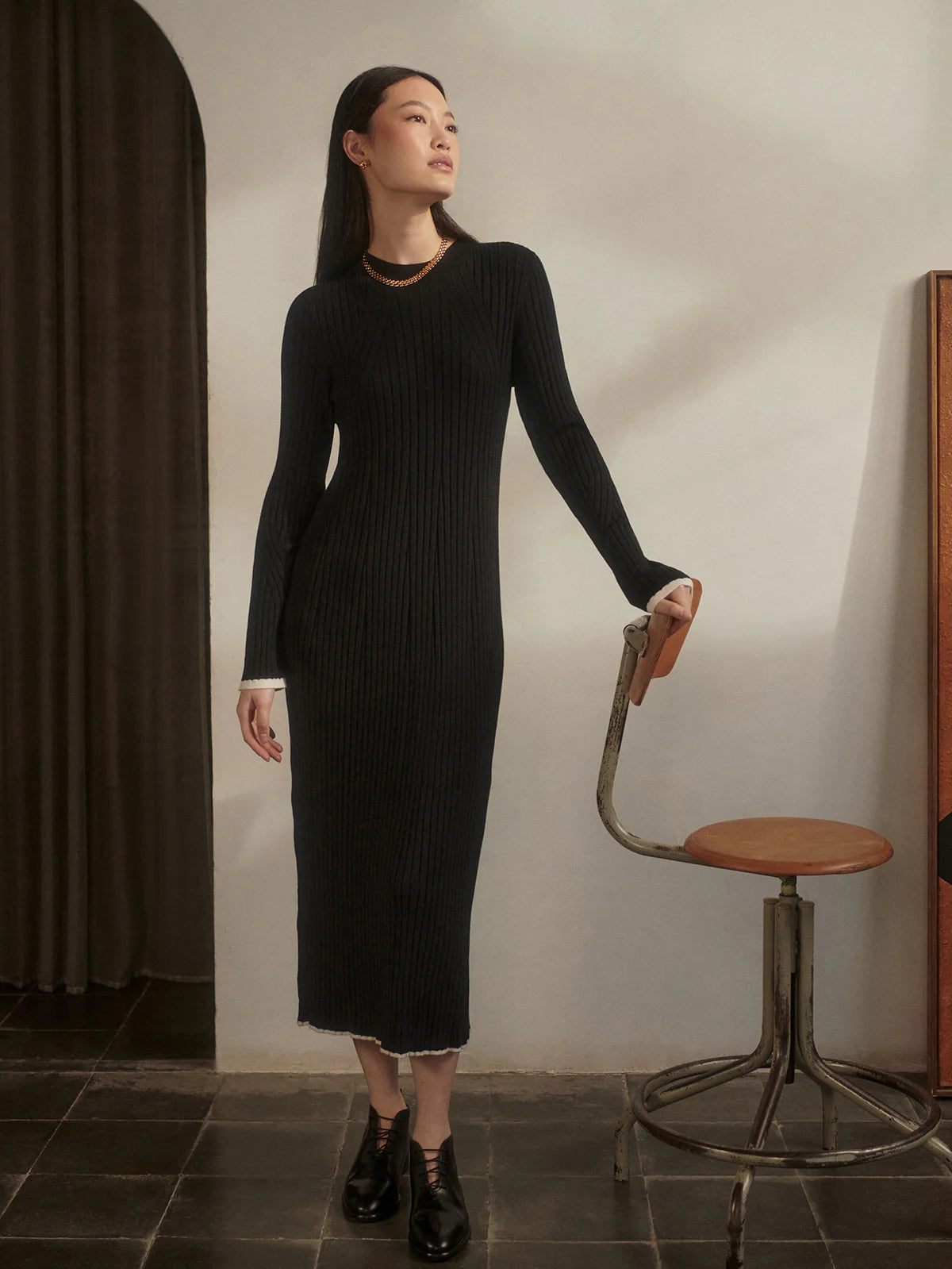 Axel Rib Knit Midi Dress  Black
