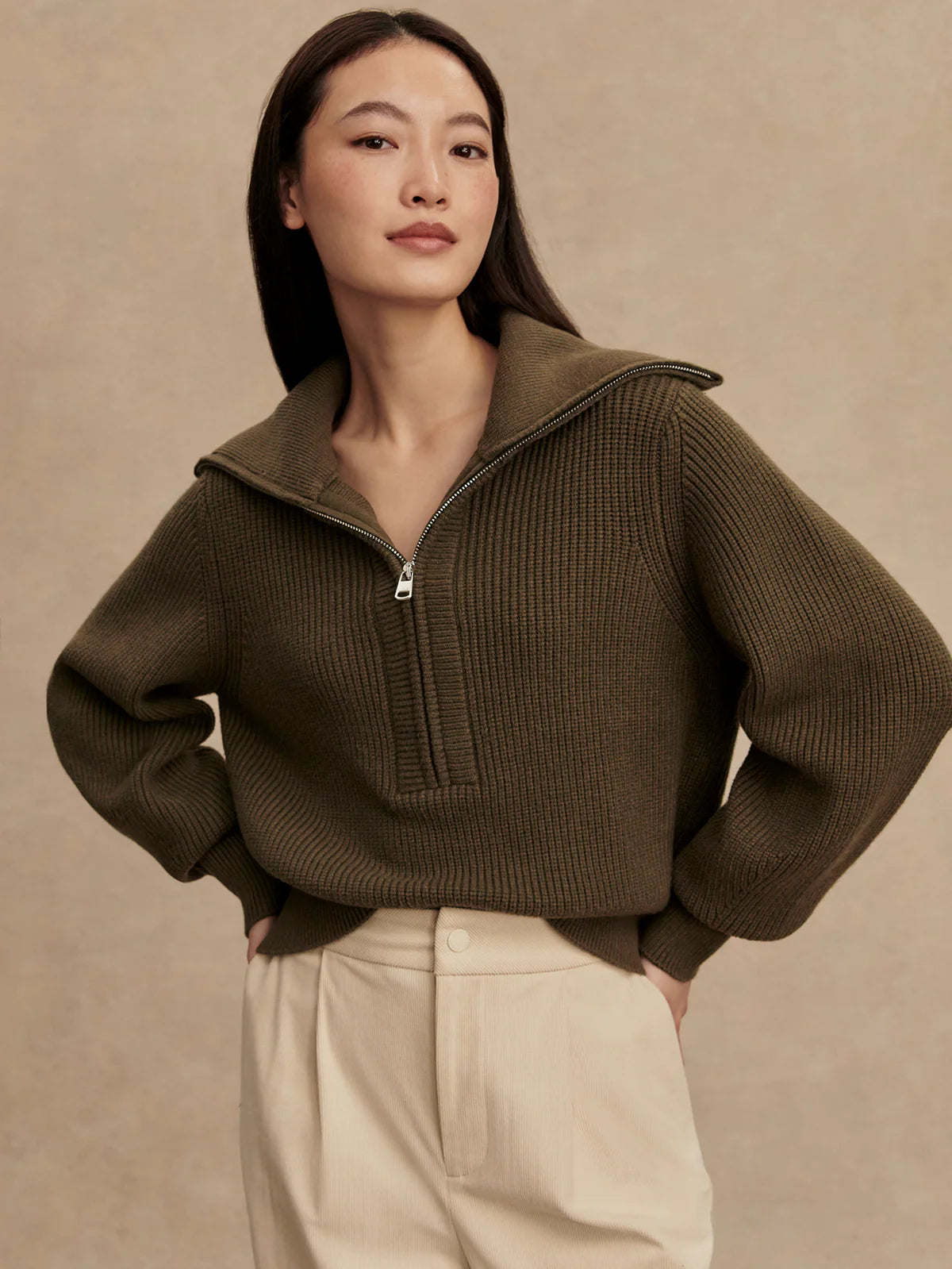 Varley Maura Half Zip Rib Knit in Olive Night