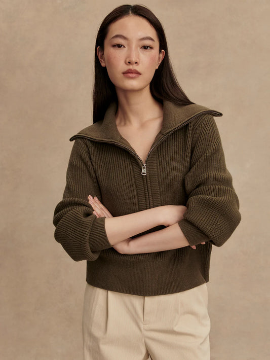 Varley Maura Half Zip Rib Knit in Olive Night