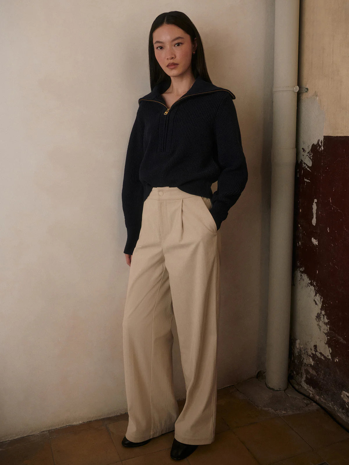 Maura Half-Zip Rib Knit. Navy