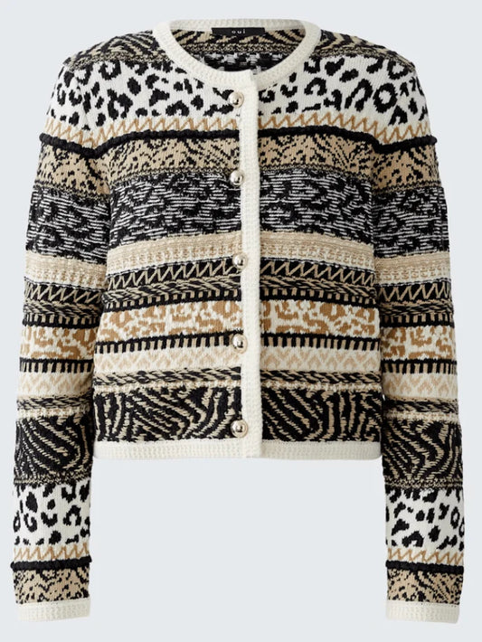 Oui Women's Striped Animal Jacquard Knit Cardigan 93790 Col 0119