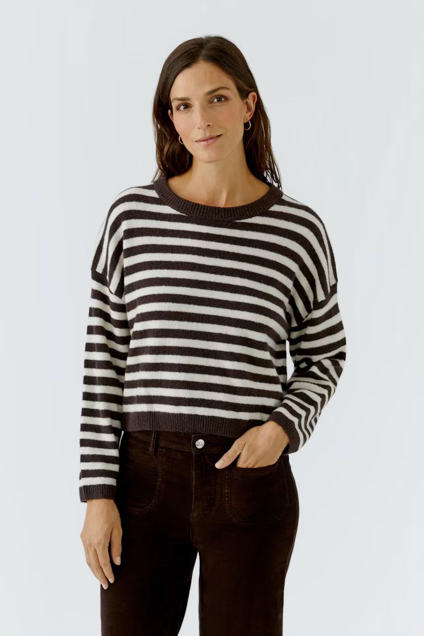 Oui Dark Brown & White Striped Knit sweater