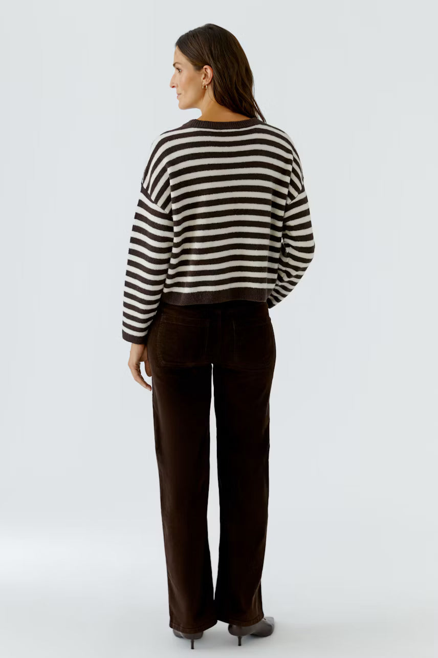 Oui Dark Brown & White Striped Knit sweater