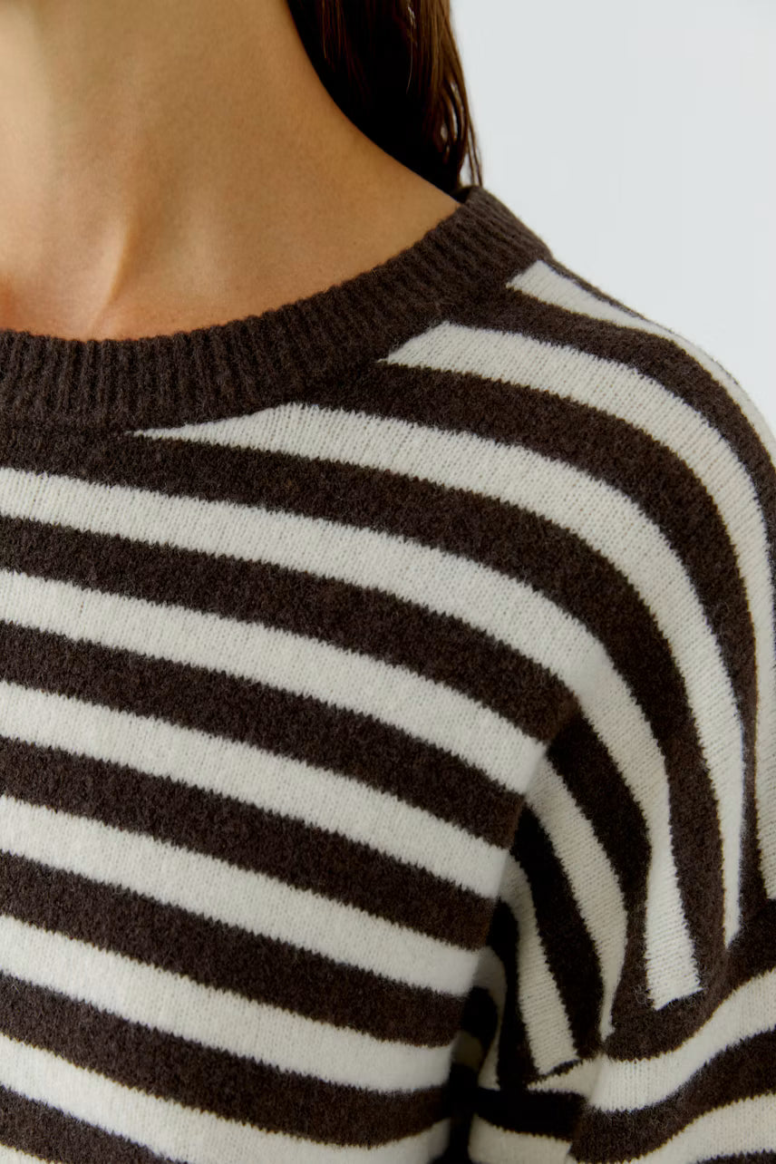 Oui Dark Brown & White Striped Knit sweater