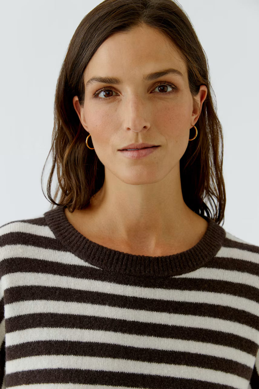 Oui Dark Brown & White Striped Knit sweater