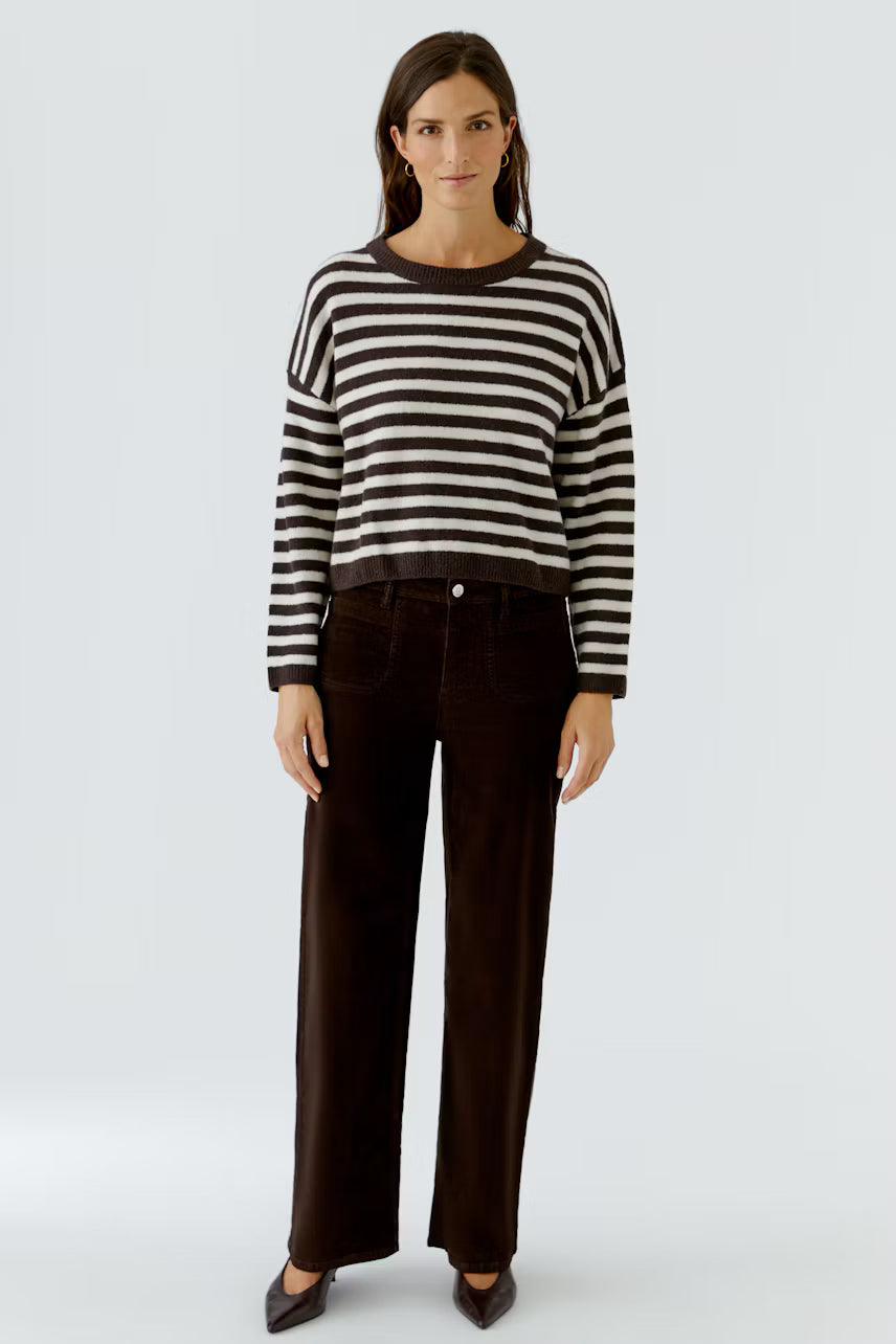 Oui Dark Brown & White Striped Knit sweater