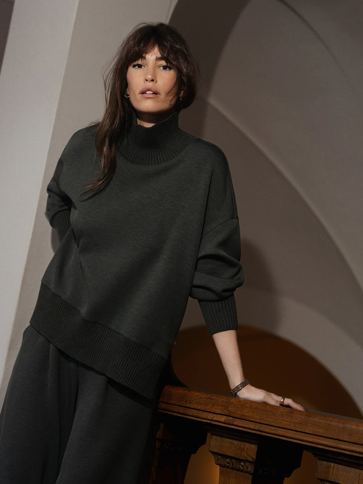Varley Barker High Neck Sweat in Olive Marl