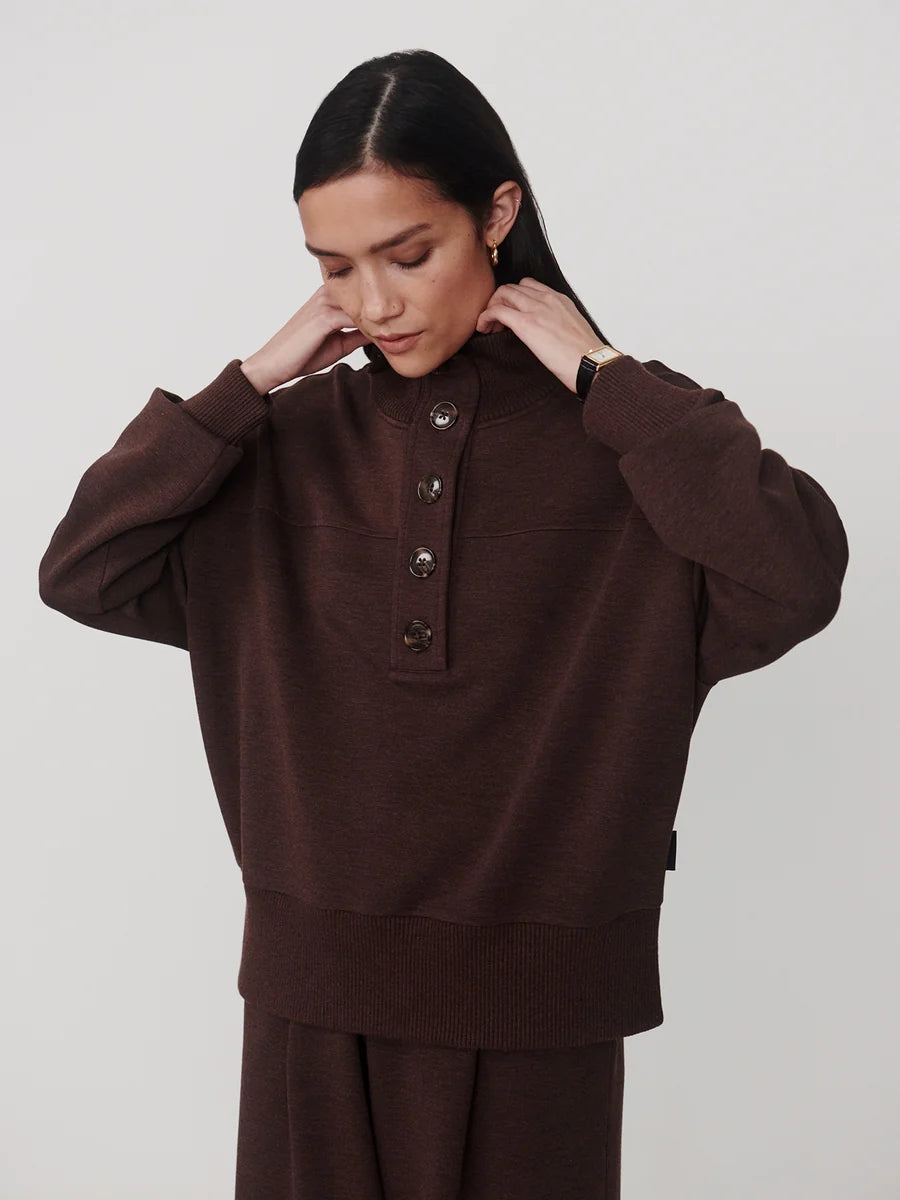 Varley - Bronya Button Placket Sweat  Coffee Bean Marl