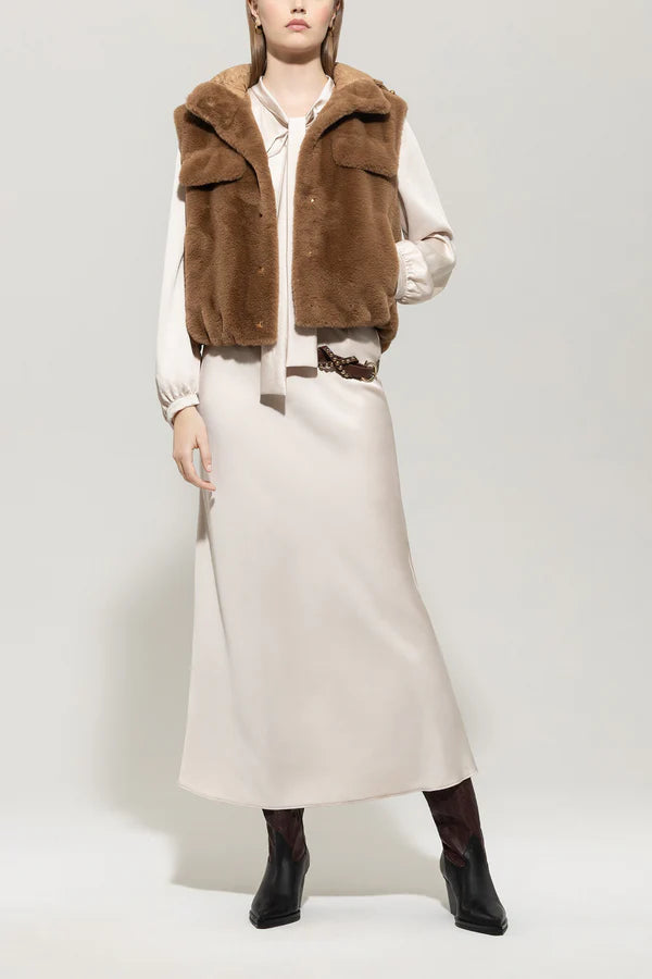 Luisa Cerano Fake Fur Hooded Gilet  Tan/Chestnut