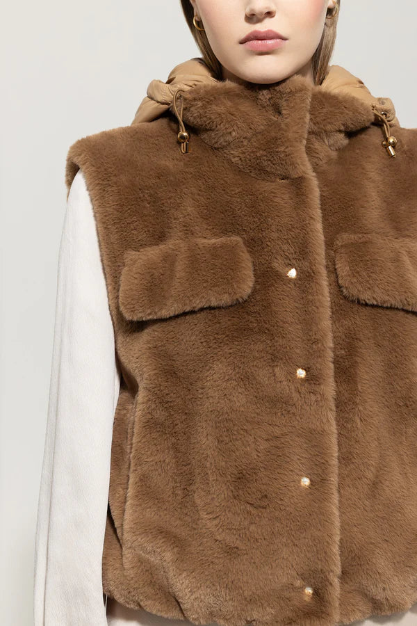 Luisa Cerano Fake Fur Hooded Gilet  Tan/Chestnut