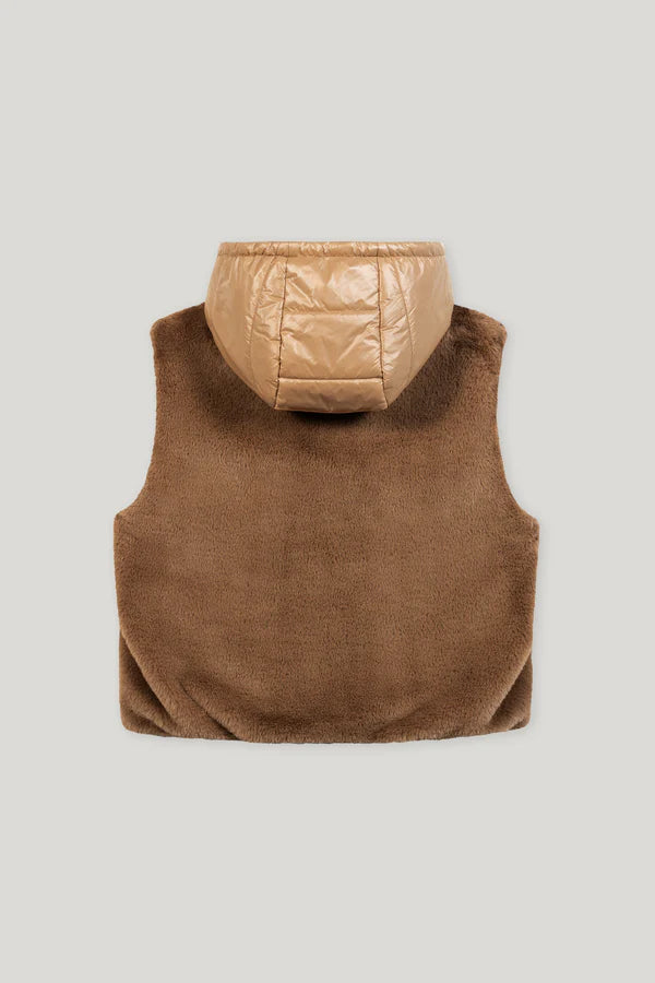 Luisa Cerano Fake Fur Hooded Gilet  Tan/Chestnut