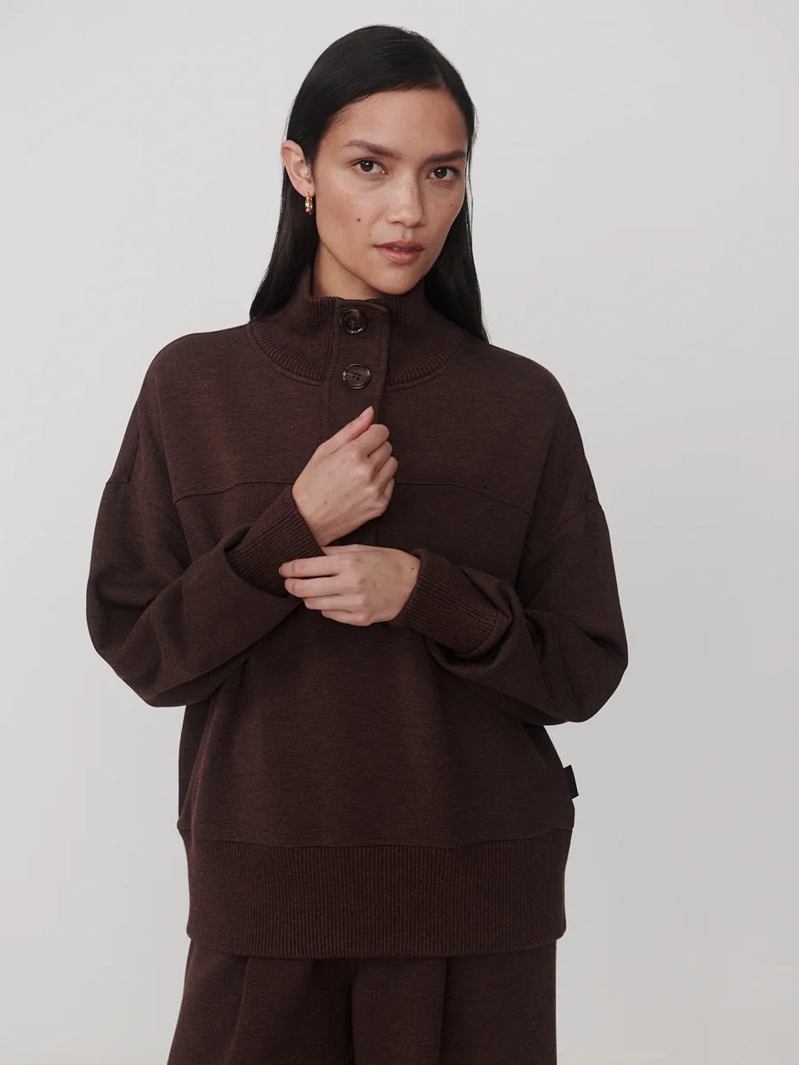 Varley - Bronya Button Placket Sweat  Coffee Bean Marl