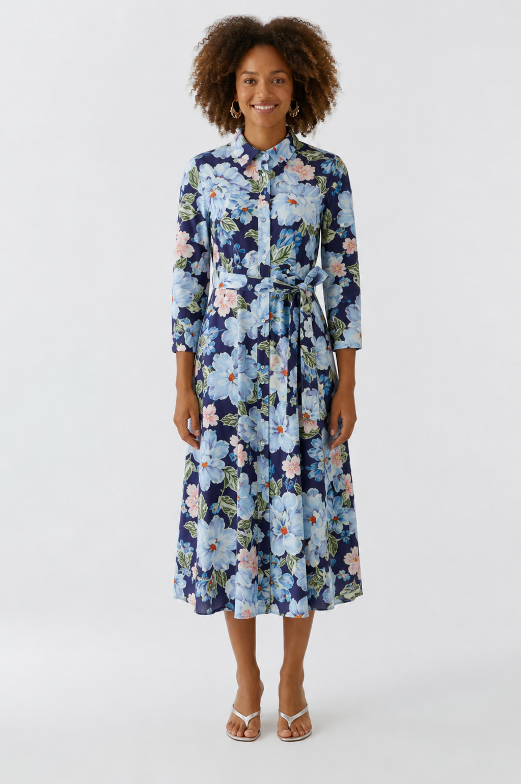 Oui Dark Blue Floral Midi Dress