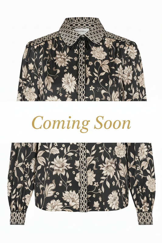Coming Soon - Black Floral Blouse White Band Centre Gold Text