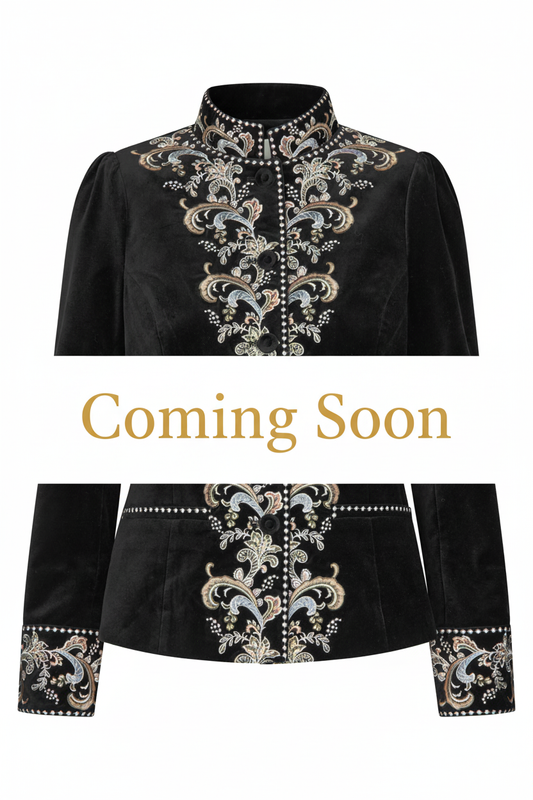 Coming Soon - Black Velvet Jacket White Band Gold Text