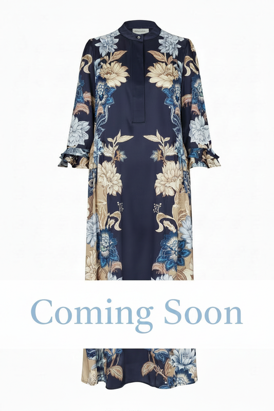 Coming Soon - Navy Floral Maxi Dress White Band Light Blue Text