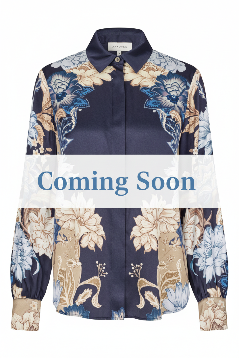 Coming Soon - Navy Floral Satin Shirt White Band Light Blue Text