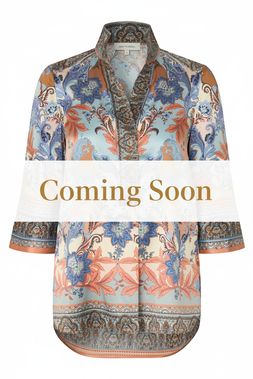 Coming Soon - Paisley Silk Blouse White Band Gold Text