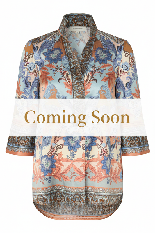 Coming Soon - Paisley Silk Blouse White Band Gold Text