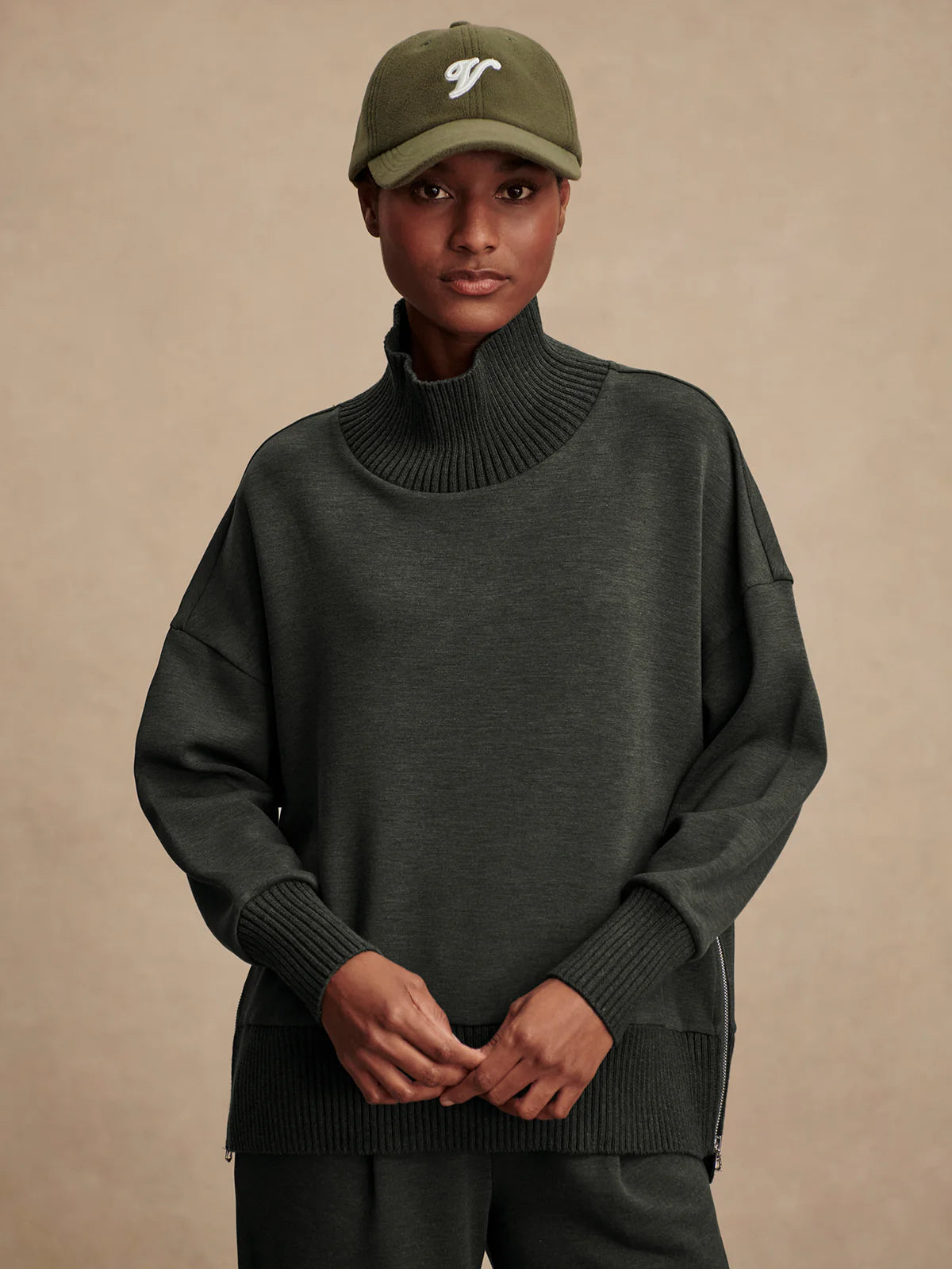 Varley Barker High Neck Sweat in Olive Marl