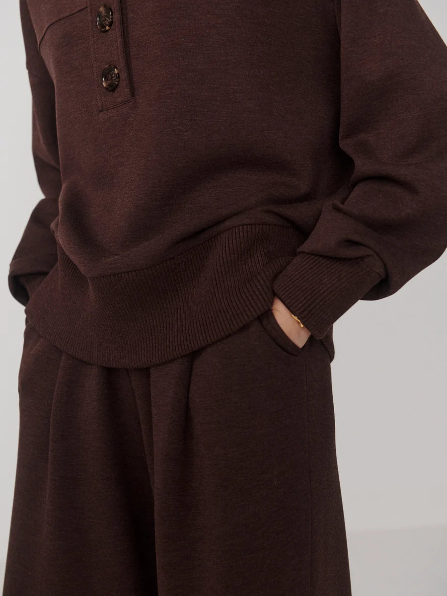 Varley - Bronya Button Placket Sweat  Coffee Bean Marl