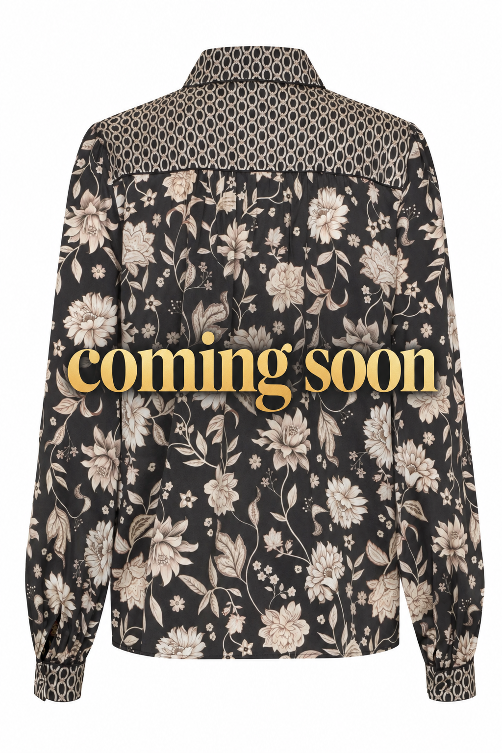 Floral shirt image with large gold “coming soon” lettering across the centre