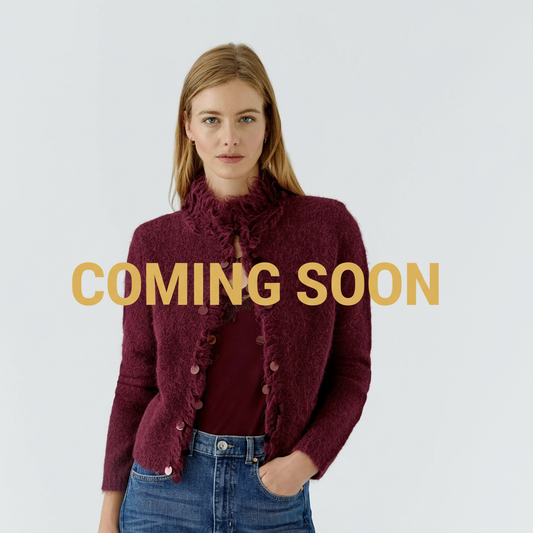Oui cardigan in bramble berry with flat solid gold Coming Soon text