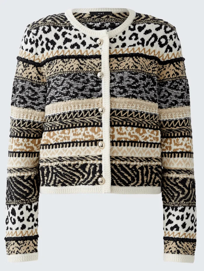 Oui Women's Striped Animal Jacquard Knit Cardigan 93790 Col 0119