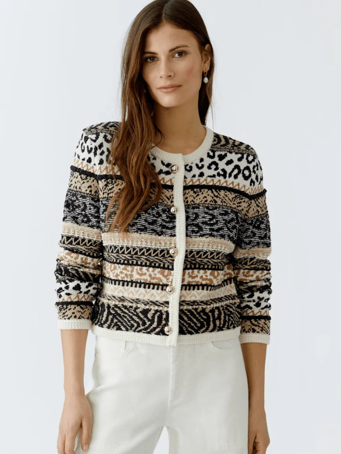 Oui Women's Striped Animal Jacquard Knit Cardigan 93790 Col 0119
