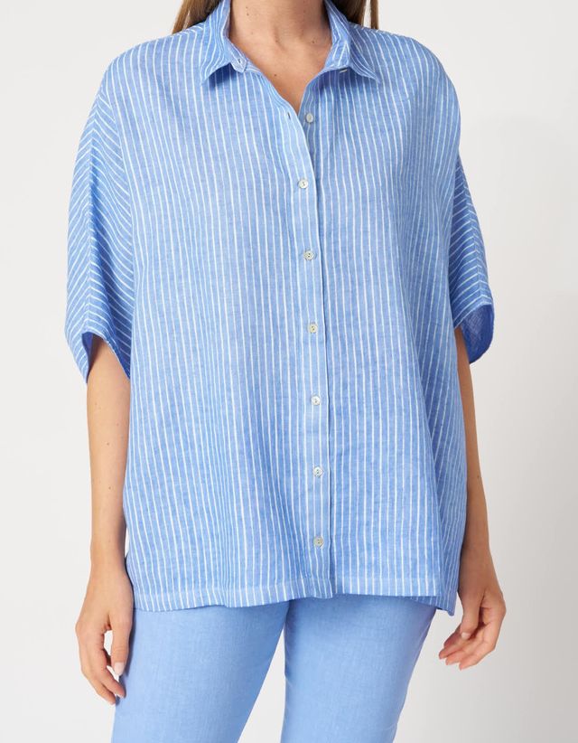 120% Lino Blue Striped Shirt
